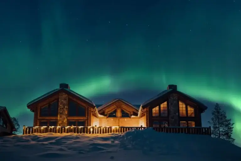 Norrsken över lodgerna i Idre Bergsby