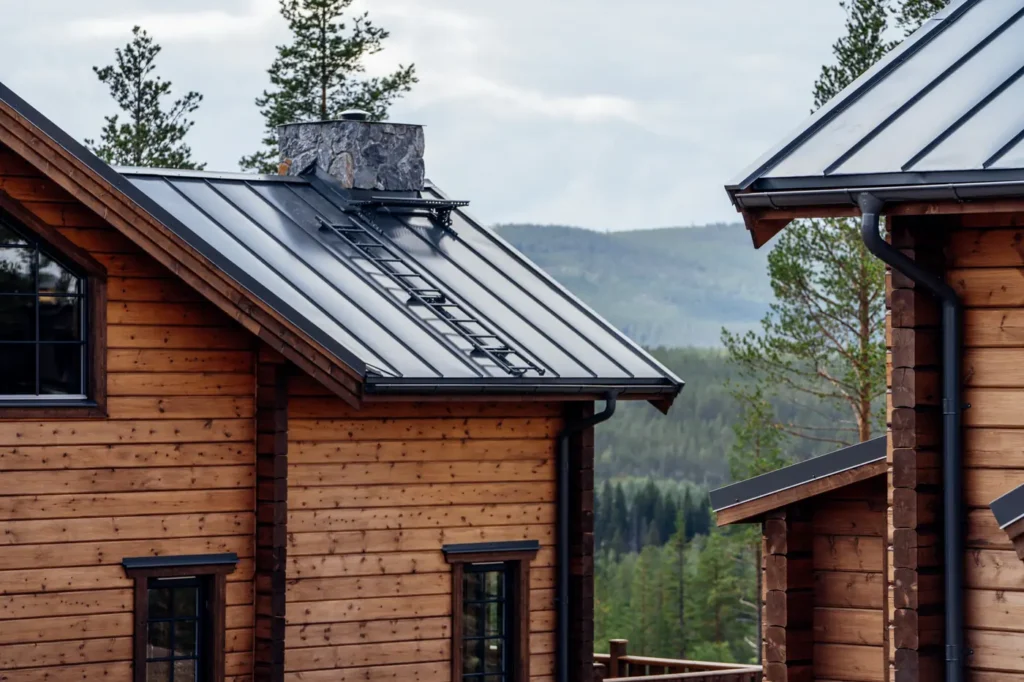 Lodgens gavel med plåttak och skogen bakom, barmark